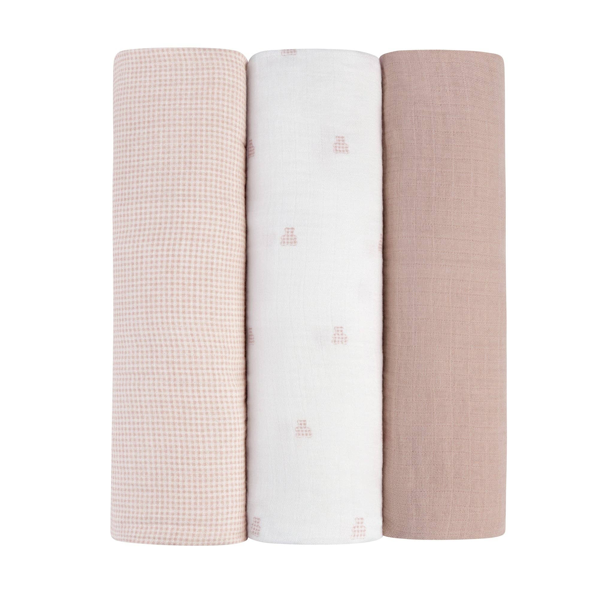 3 Pack Muslin Swaddles - Gingham Bear Collection