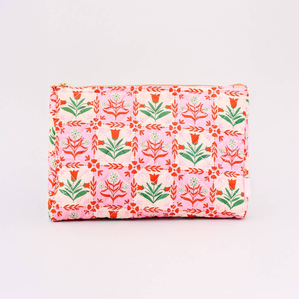 Quilted Pouch, Pink Tile Floral