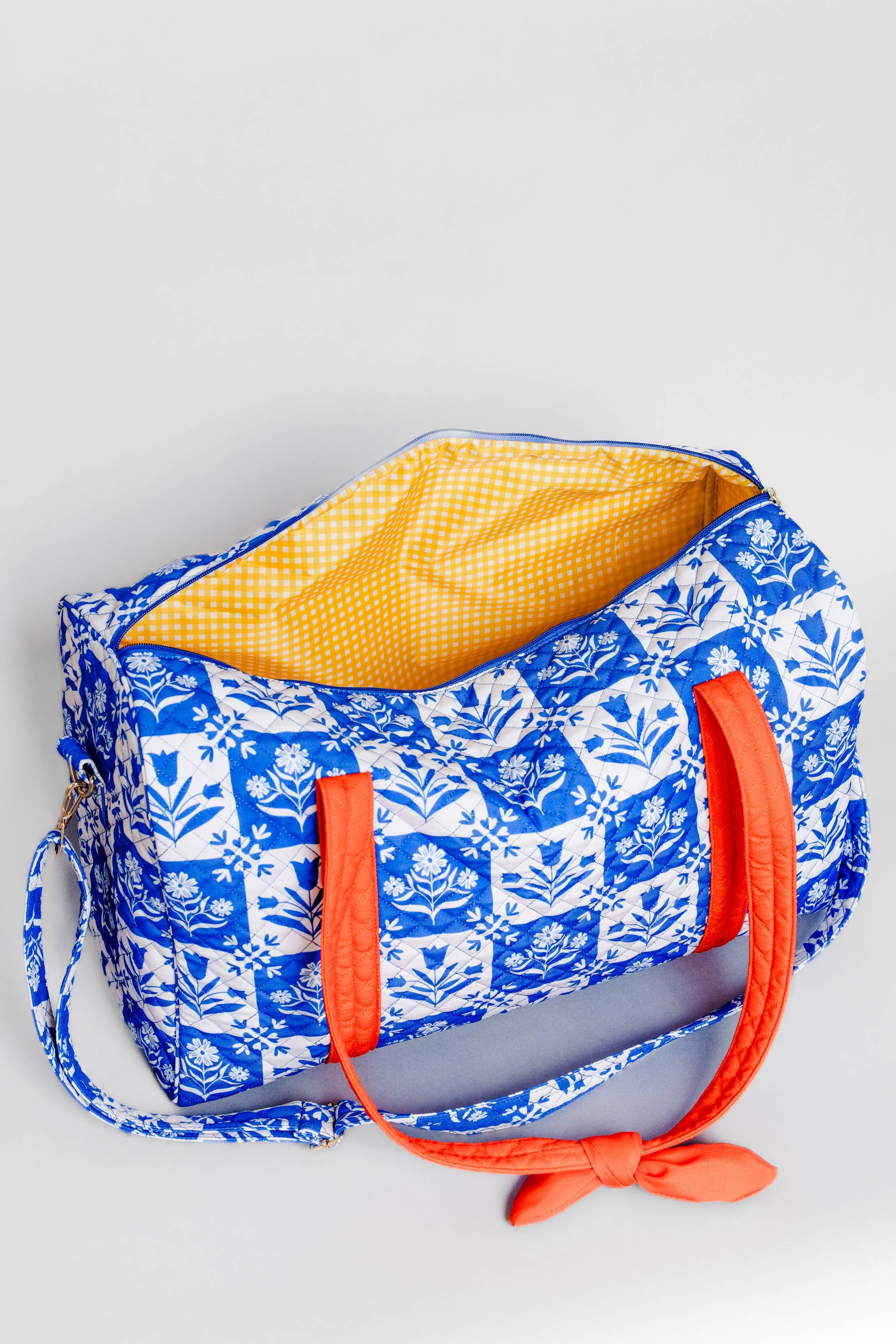 Quilted Duffle Bag, Blue Plaid Floral
