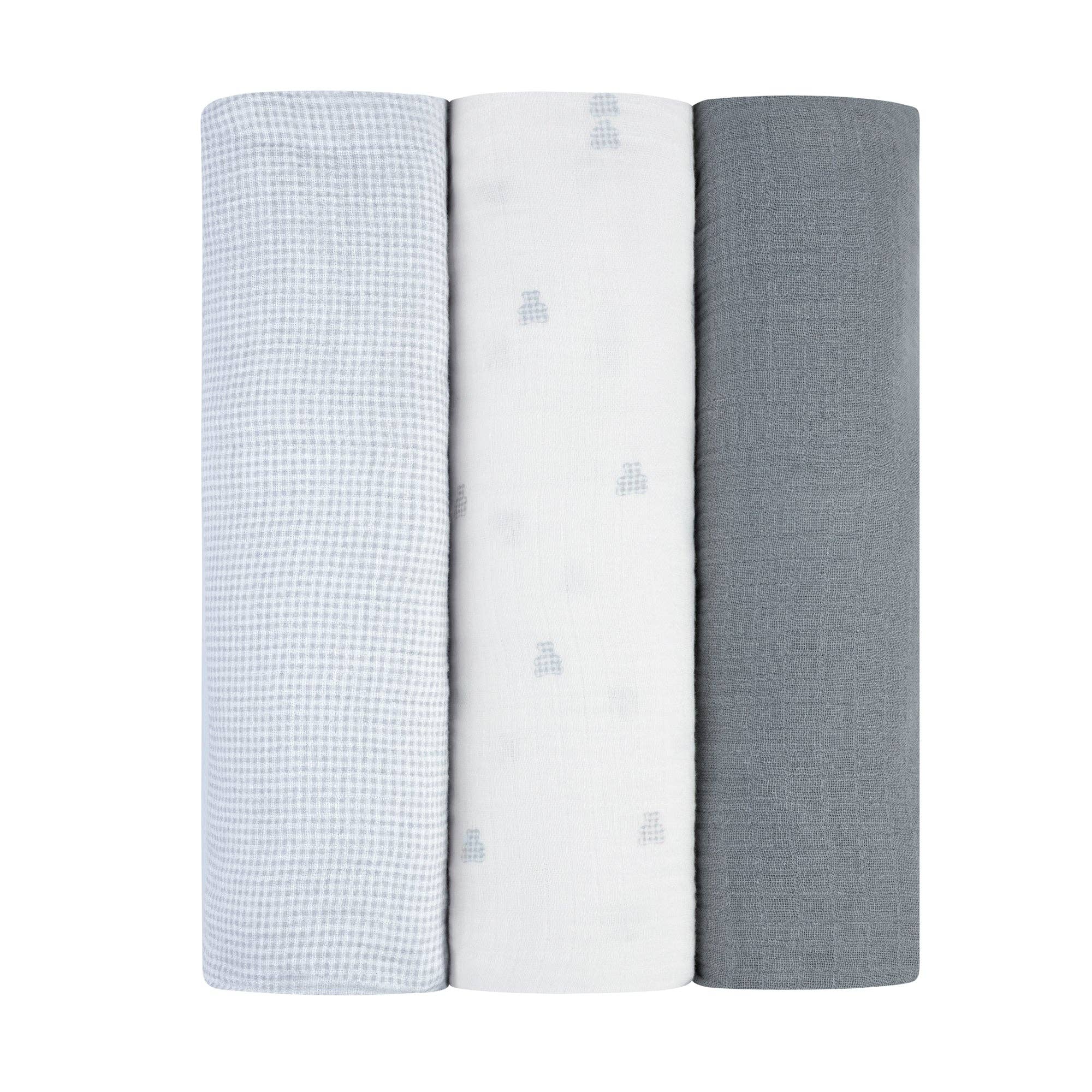 3 Pack Muslin Swaddles - Gingham Bear Collection