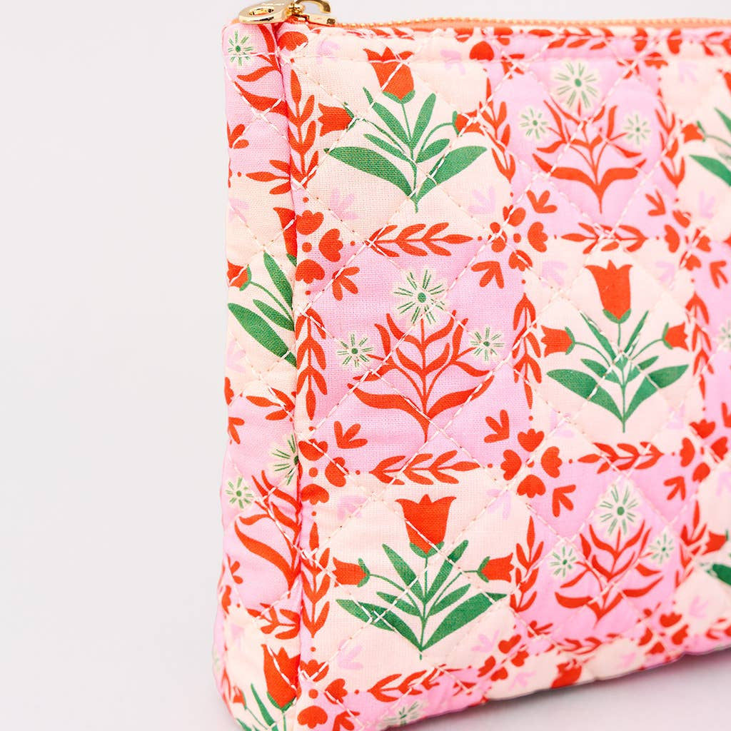 Quilted Pouch, Pink Tile Floral