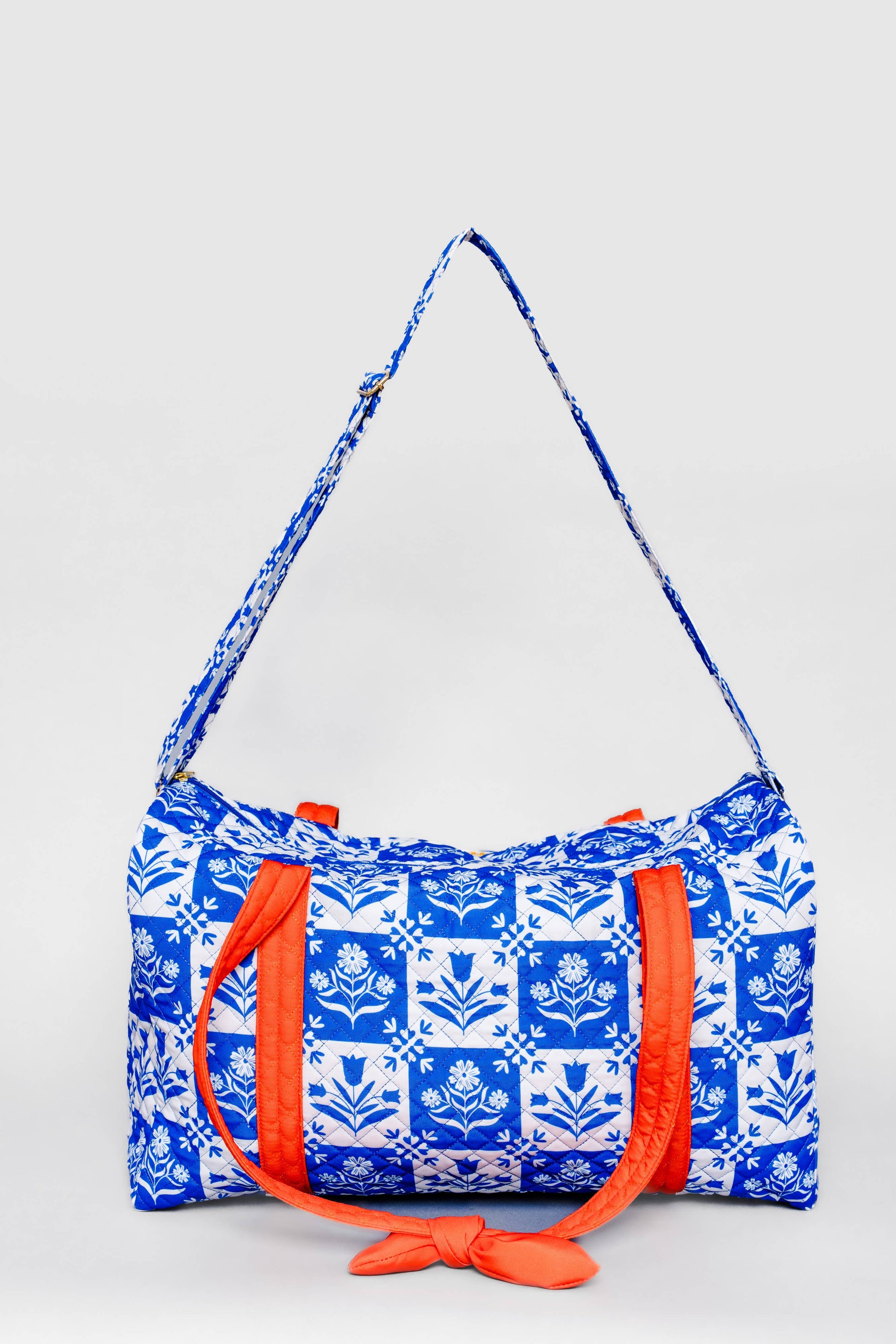 Quilted Duffle Bag, Blue Plaid Floral