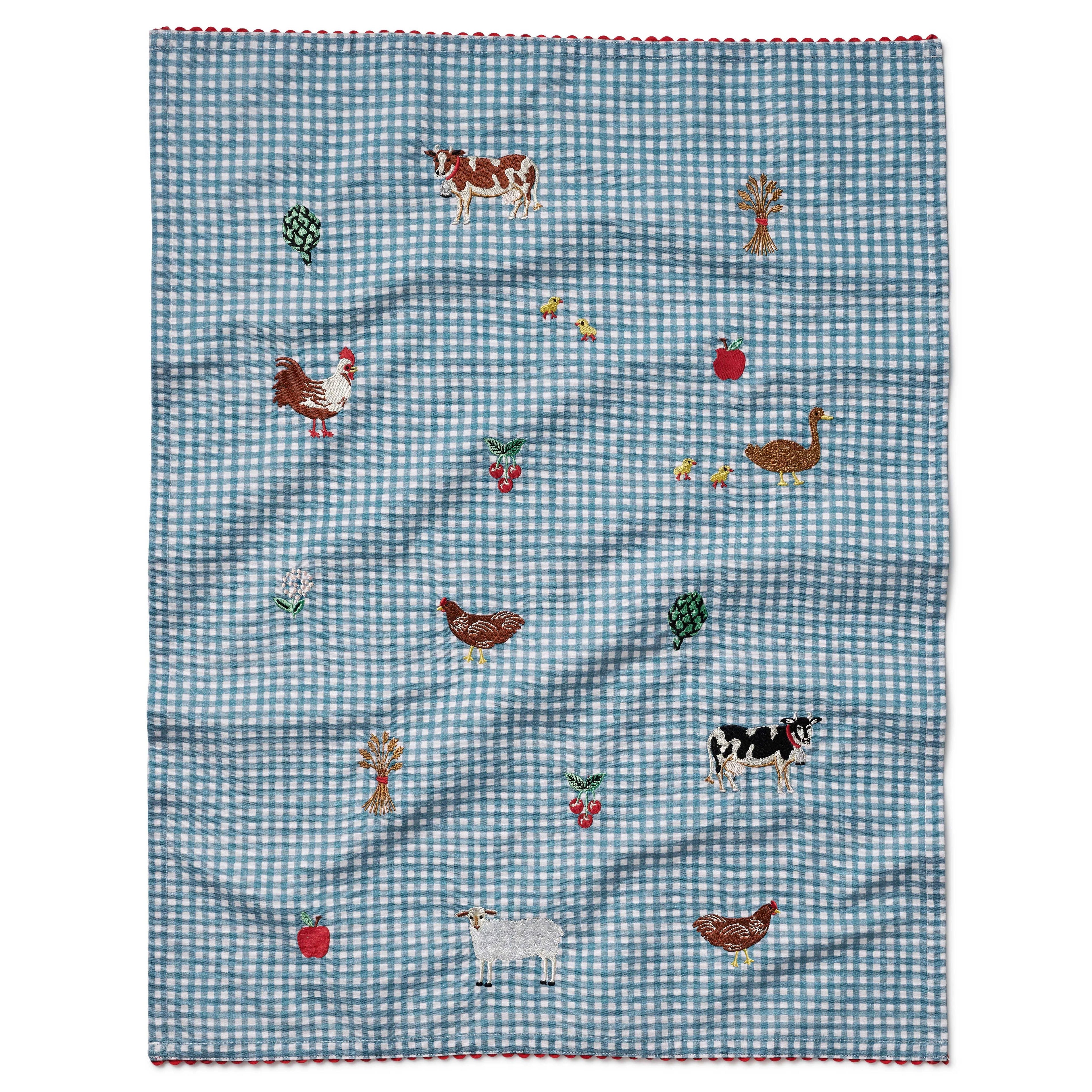 Country Farm Gingham Embroidered Tea Towel