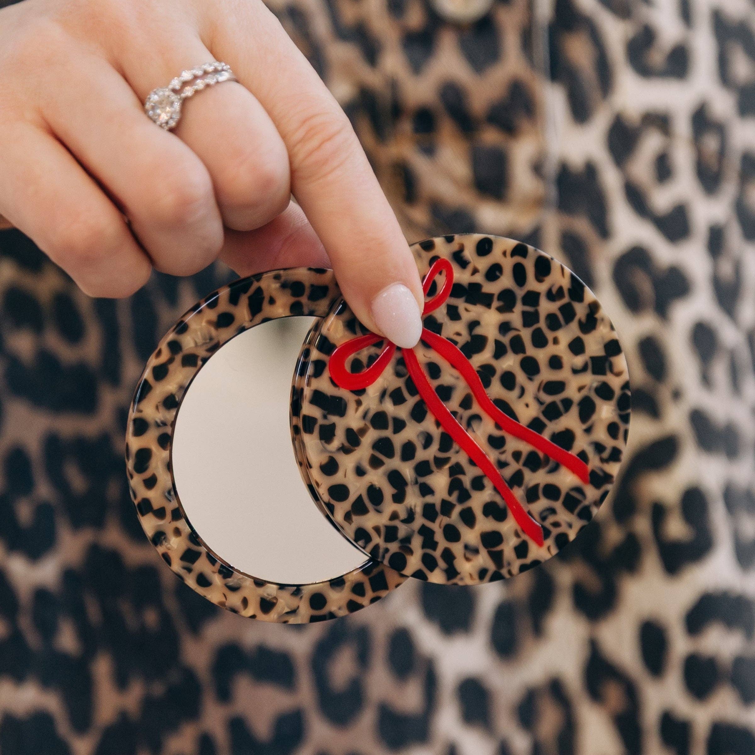 Hand-painted Leopard Bow Compact Mirror