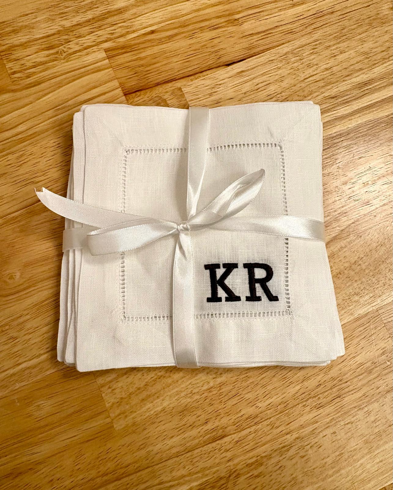 Hemstitched Italian Linen Cocktail Napkins + Embroidery | 4