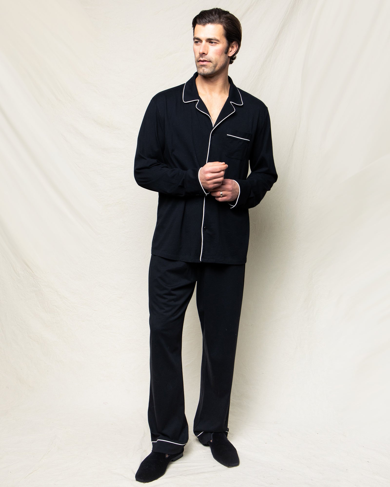Model wearing Men's Pima Pajama Set - Black.