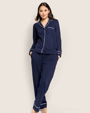 Model wearing Women’s Pima Pajama Set in Navy.