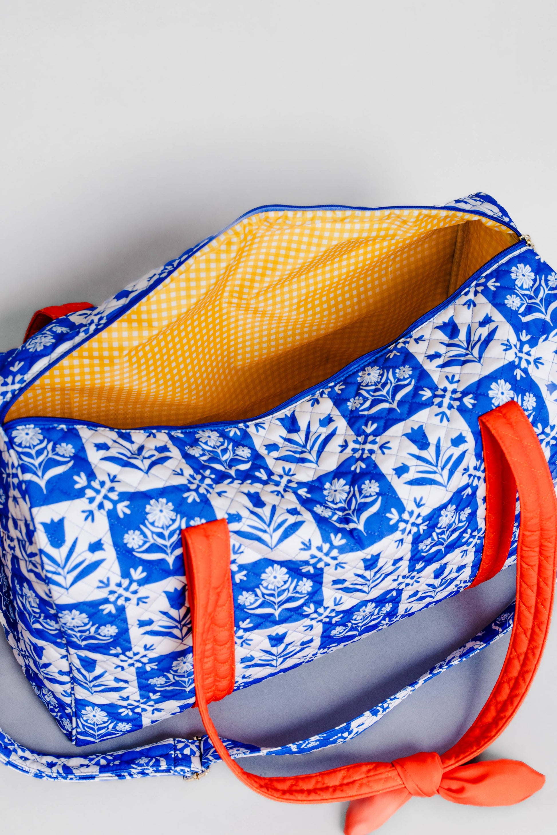 Quilted Duffle Bag, Blue Plaid Floral