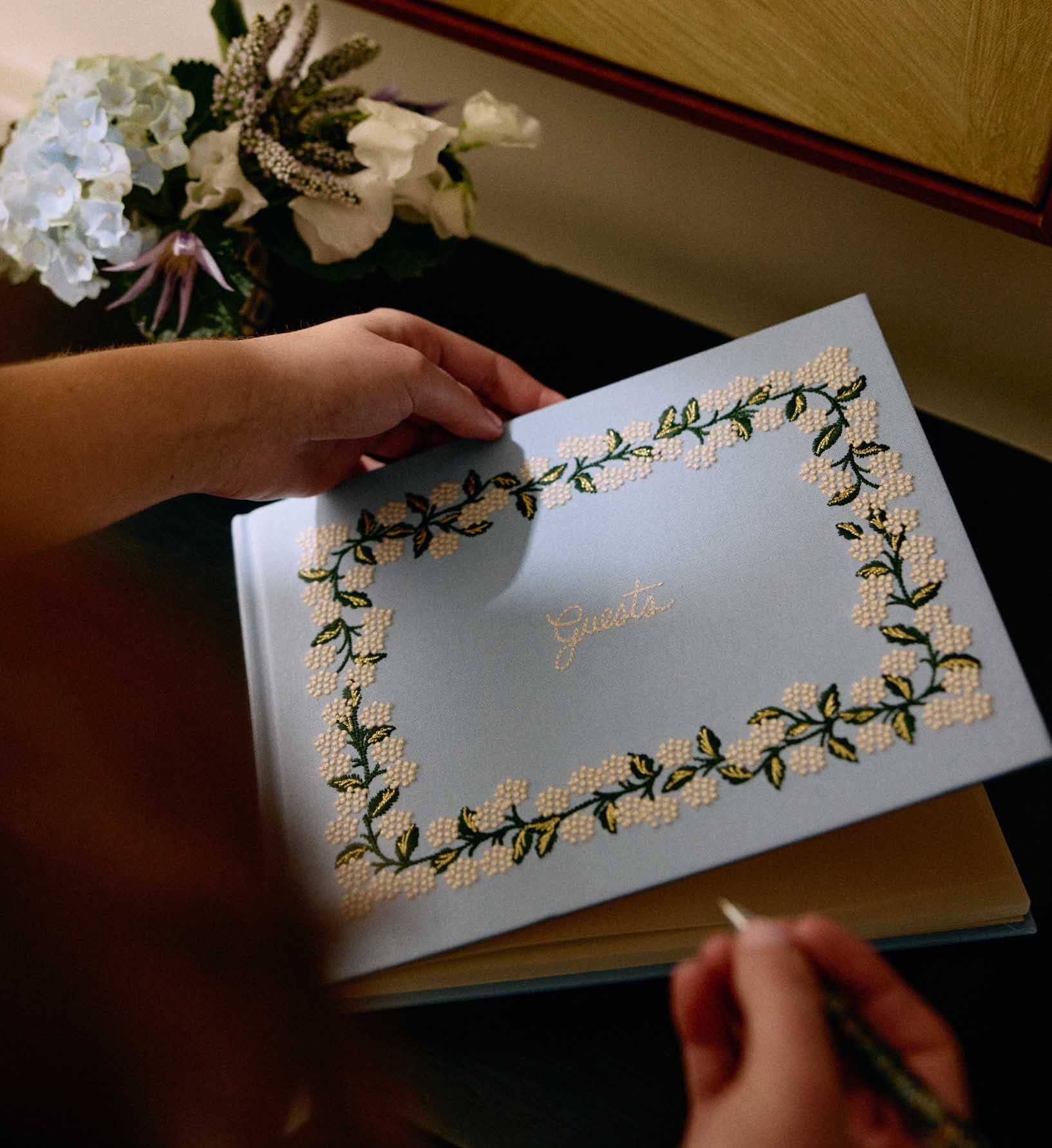 Hydrangea Embroidered Fabric Guest Book