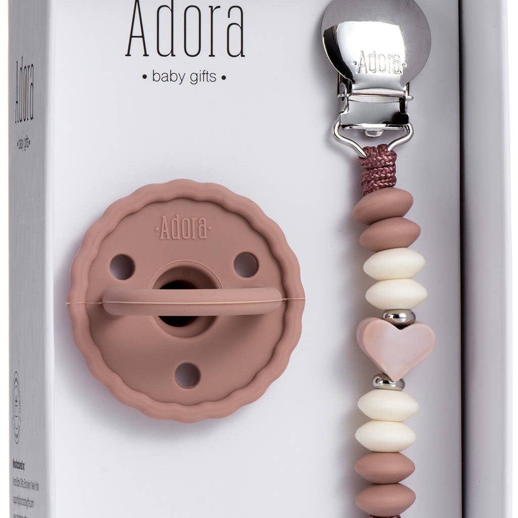 Scalloped Mauve Heart Pacifier Clip Set
