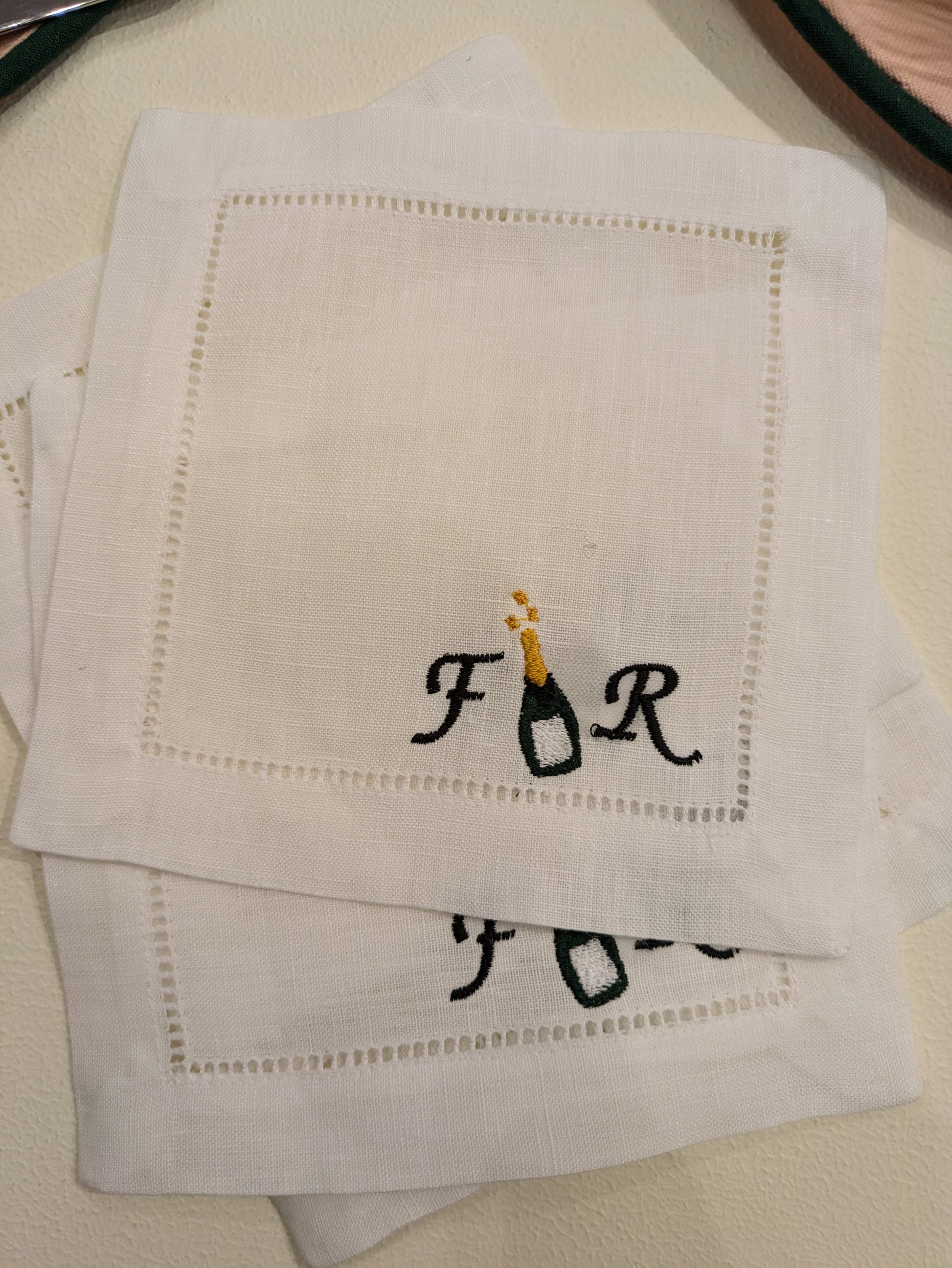 Hemstitched Italian Linen Cocktail Napkins + Embroidery | 4