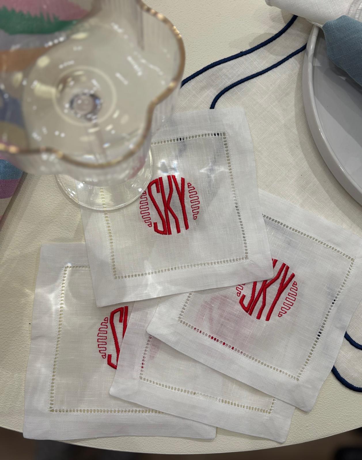 Hemstitched Italian Linen Cocktail Napkins + Embroidery | 4